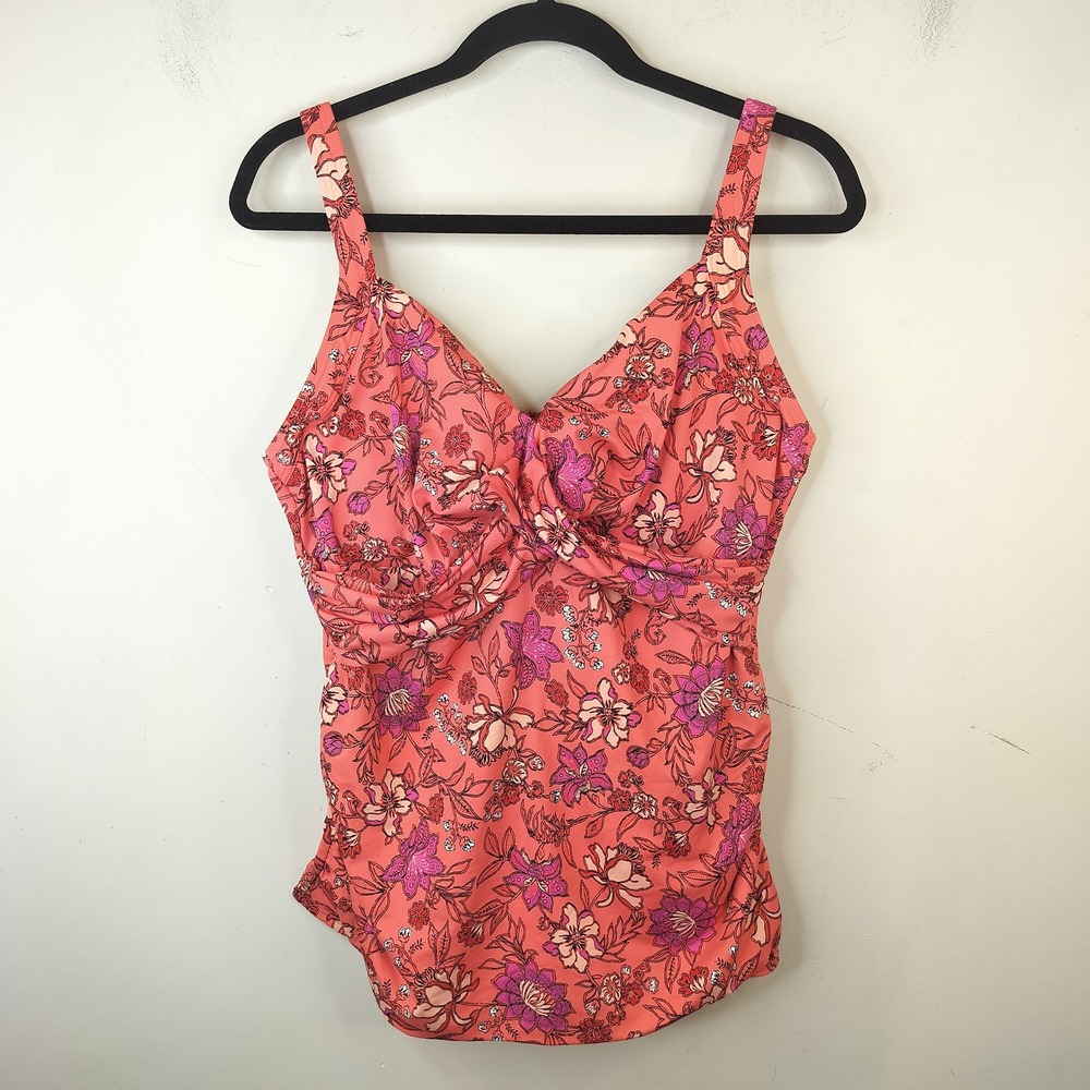 Lands End Underwire Tankini Top 16 Floral Twist Front Tropical Swim Coral